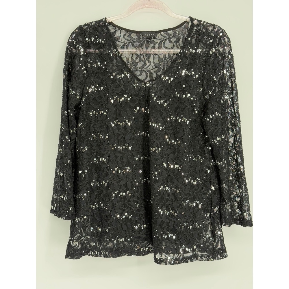 Adiva Sz L Women's Black Lace Sequin V Neck Long Sleeve Tunic Top
